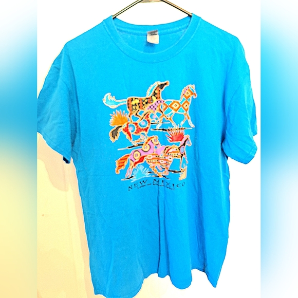 Vintage Blue Southwestern Artistic Horse Graphic Tee Size L Very Good Condition - Picture 2 of 4